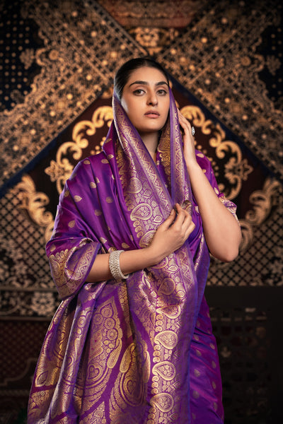 Indyancart GR Women's Saachi Silk Violet Banarasi Silk Woven Saree