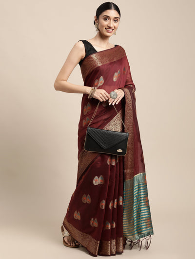 Indyancart GR Women's Sagarika Vintage Maroon Cotton Blend Saree