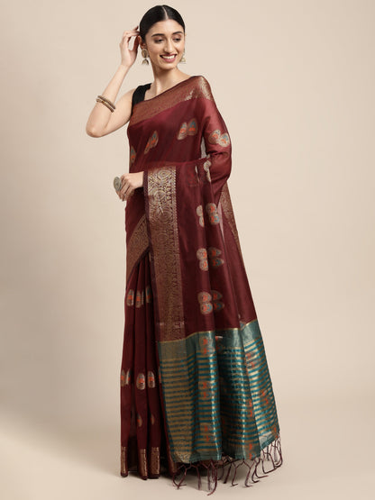 Dhiyona GR Women's Sagarika Vintage Maroon Cotton Blend Saree