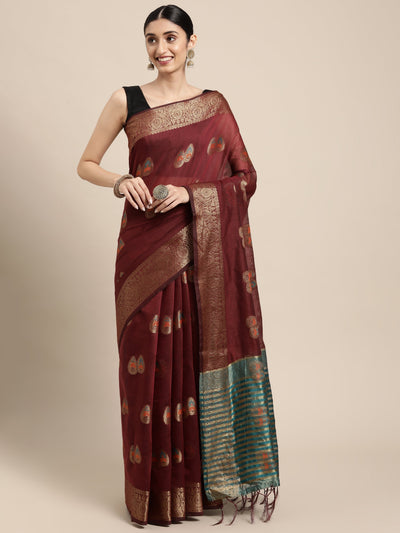 Indyancart GR Women's Sagarika Vintage Maroon Cotton Blend Saree