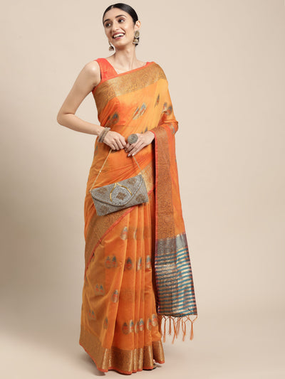 Indyancart GR Women's Sagarika Cadmium Yellow Cotton Blend Saree