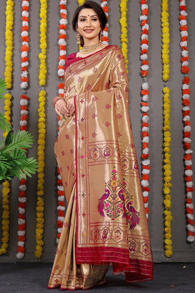 Indyancart GR Women's Amrut Maroon Zari Paithani Silk Saree