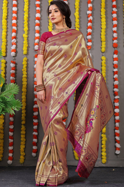 Indyancart GR Women's Amrut Wine Zari Paithani Silk Saree