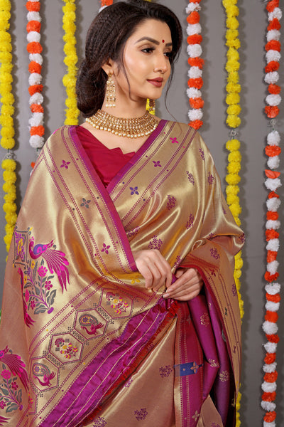 Indyancart GR Women's Amrut Wine Zari Paithani Silk Saree