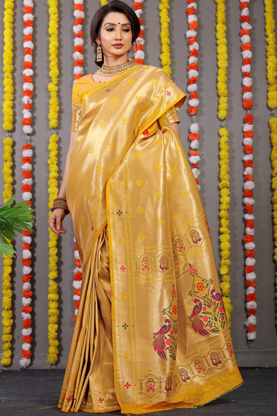 Indyancart GR Women's Amrut Yellow Zari Paithani Silk Saree