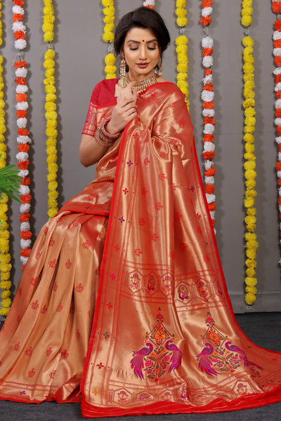 Indyancart GR Women's Amrut Red Zari Paithani Silk Saree