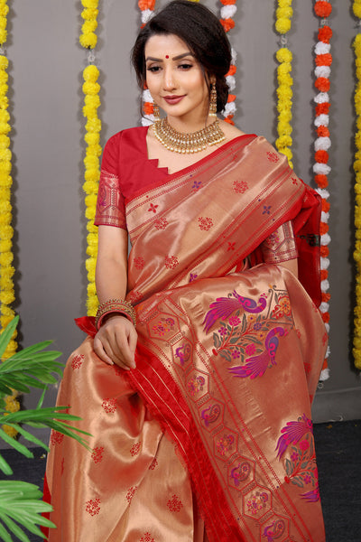 Indyancart GR Women's Amrut Red Zari Paithani Silk Saree