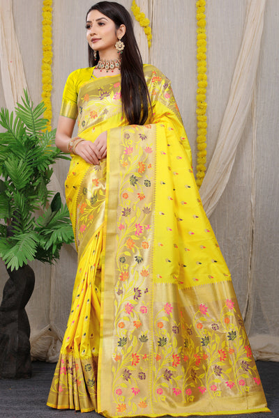 Indyancart GR Women's Rajkumari Yellow Zari Paithani Silk Saree