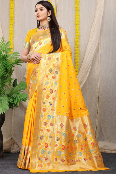 Indyancart GR Women's Rajkumari Haldi Mustard Zari Paithani Silk Saree