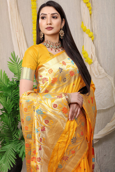 Indyancart GR Women's Rajkumari Haldi Mustard Zari Paithani Silk Saree