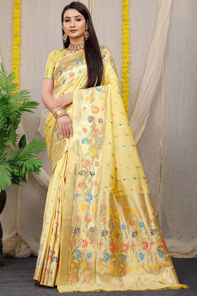 Indyancart GR Women's Rajkumari Beige Zari Paithani Silk Saree