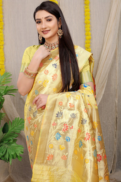 Indyancart GR Women's Rajkumari Beige Zari Paithani Silk Saree