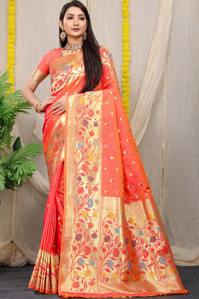 Indyancart GR Women's Rajkumari Peachy Pink Zari Paithani Silk Saree