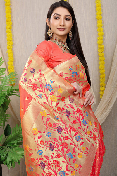Indyancart GR Women's Rajkumari Peachy Pink Zari Paithani Silk Saree