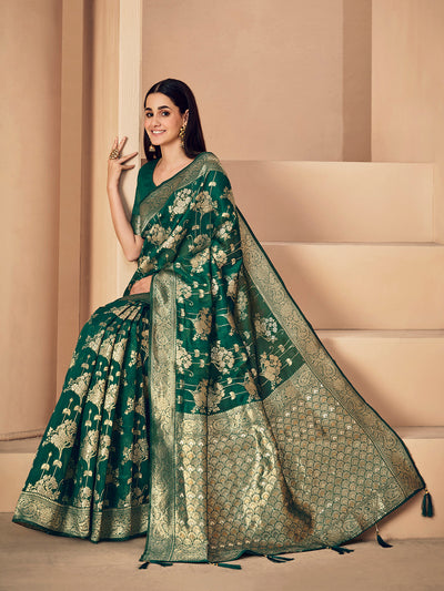 Indyancart GR Women's Sargam Cadmium Green Zari Woven Design Linen Saree
