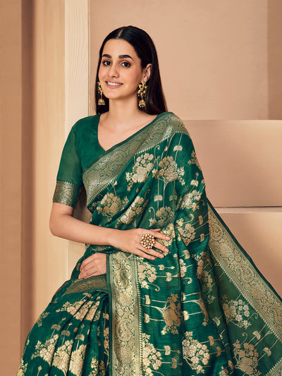 Indyancart GR Women's Sargam Cadmium Green Zari Woven Design Linen Saree