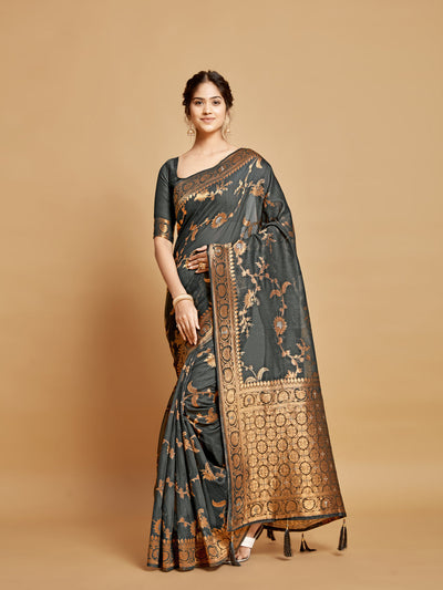 Indyancart GR Women's Sargam Stone Grey Zari Woven Design Linen Saree