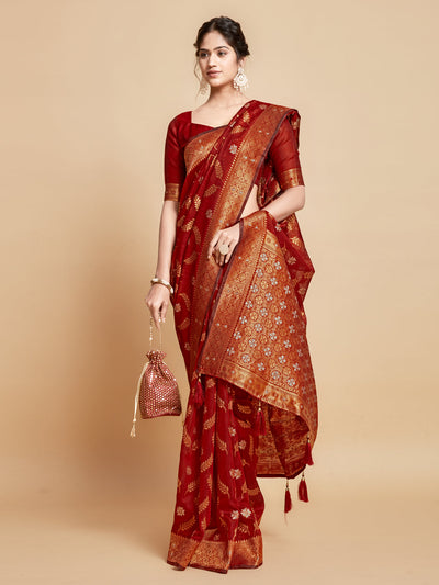 Indyancart GR Women's Sargam Barn Red Zari Woven Design Linen Saree