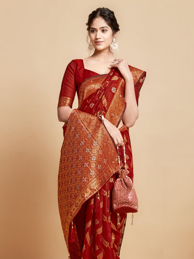 Indyancart GR Women's Sargam Barn Red Zari Woven Design Linen Saree