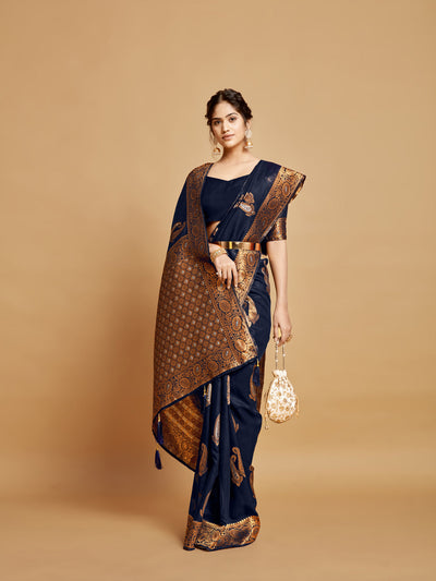Indyancart GR Women's Sargam Berry Blue Zari Woven Design Linen Saree