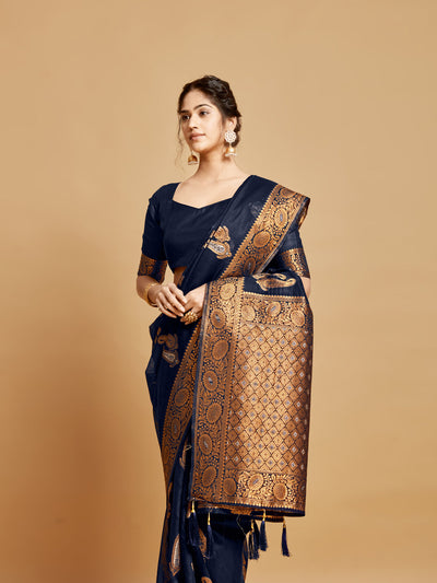 Indyancart GR Women's Sargam Berry Blue Zari Woven Design Linen Saree