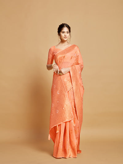 Indyancart GR Women's Sargam Orange Marmalade Zari Woven Design Linen Saree