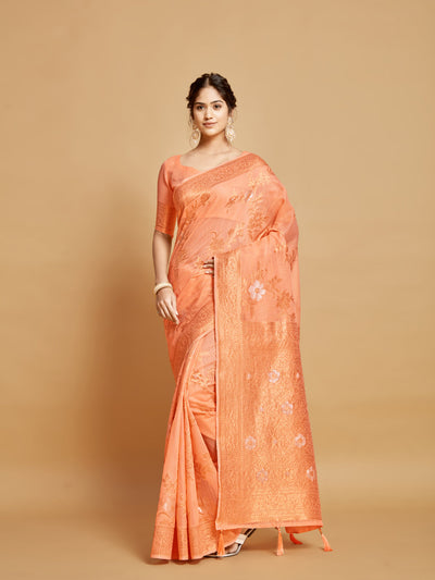 Indyancart GR Women's Sargam Orange Marmalade Zari Woven Design Linen Saree