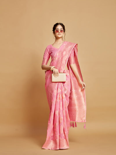 Indyancart GR Women's Sargam Tickle Me Pink Zari Woven Design Linen Saree