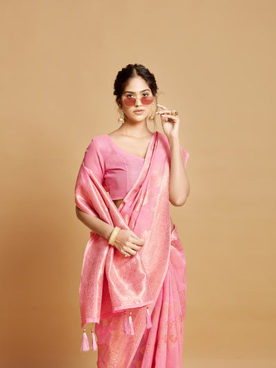 Indyancart GR Women's Sargam Tickle Me Pink Zari Woven Design Linen Saree