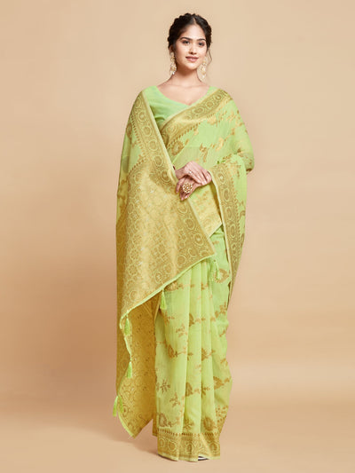 Indyancart GR Women's Sargam Royal Lime Green Zari Woven Design Linen Saree