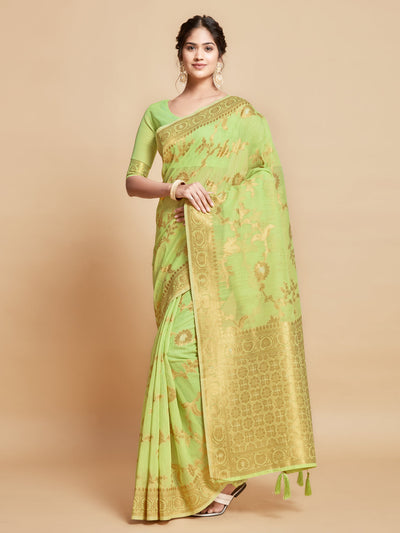 Indyancart GR Women's Sargam Royal Lime Green Zari Woven Design Linen Saree
