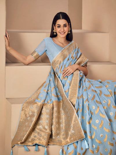 Indyancart GR Women's Sargam Baby Blue Zari Woven Design Linen Saree