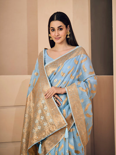 Indyancart GR Women's Sargam Baby Blue Zari Woven Design Linen Saree