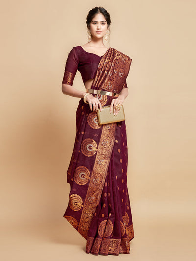 Indyancart GR Women's Sargam Burnt Burgundy Zari Woven Design Linen Saree