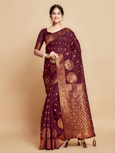 Indyancart GR Women's Sargam Burnt Burgundy Zari Woven Design Linen Saree