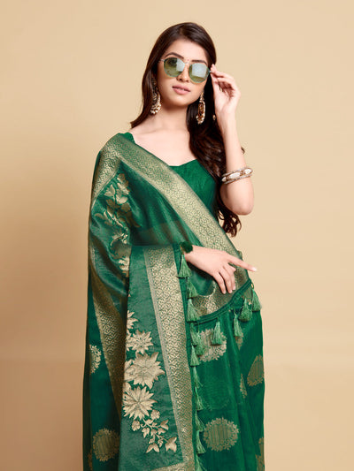 Indyancart GR Women's Satrangi Leaf Green Zari Woven Design Linen Saree