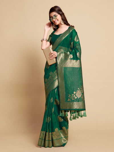 Indyancart GR Women's Satrangi Leaf Green Zari Woven Design Linen Saree