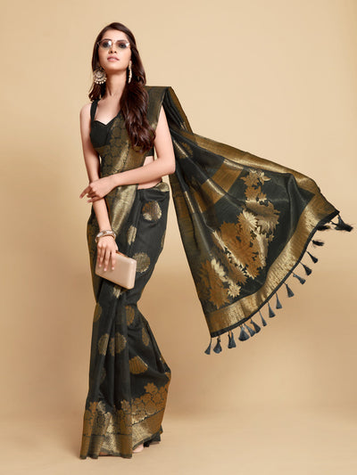 Indyancart GR Women's Satrangi Alluring Grey Zari Woven Design Linen Saree