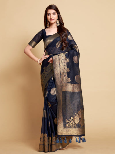 Indyancart GR Women's Satrangi Admiral Blue Zari Woven Design Linen Saree