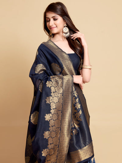 Indyancart GR Women's Satrangi Admiral Blue Zari Woven Design Linen Saree