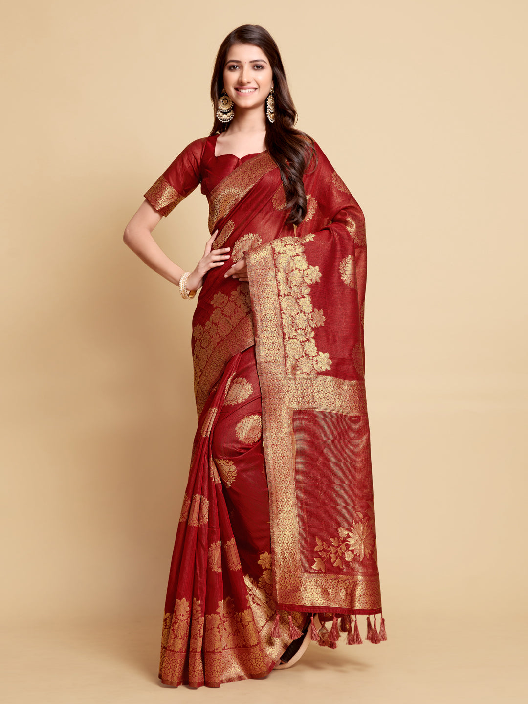 Indyancart GR Women's Satrangi Chilli Red Zari Woven Design Linen Saree