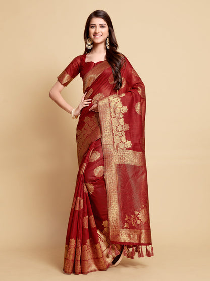 Indyancart GR Women's Satrangi Chilli Red Zari Woven Design Linen Saree