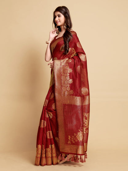 Indyancart GR Women's Satrangi Chilli Red Zari Woven Design Linen Saree