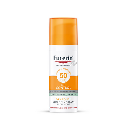 Eucerin Oil Control Dry Touch Sunscreen Gel Cream SPF 50+ in a white tube with blue cap, designed for oily skin protection.