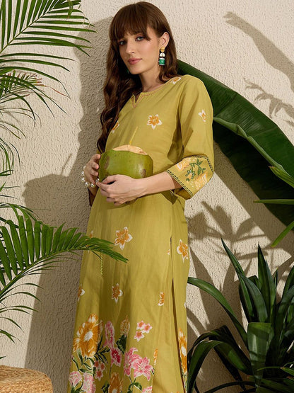 Indyancart IE Printed Notch Neck Straight Pure Cotton Kurta With Pants