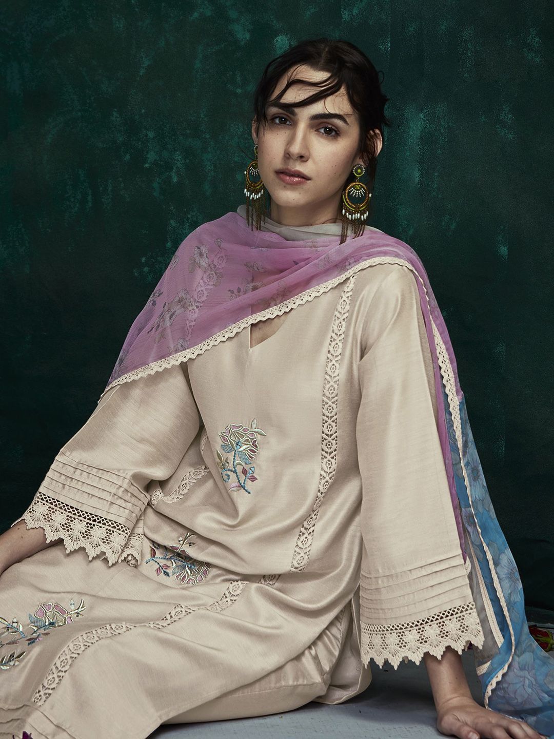 Indyancart IE Floral Embroidered V-Neck Thread Work Straight Kurta With Trousers & Dupatta