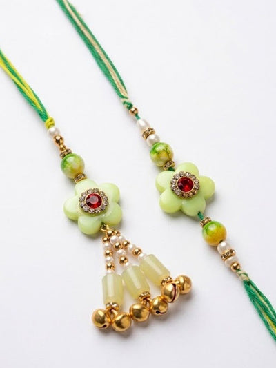 Dhiyona Set Of 2 Flower Shape Artificial Stones & Beads Bhaiya Bhabhi Rakhi With Roli Chawal