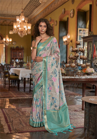 Indyancart GR Women's Sea Green & Grey Banarasi Digital Soft Silk Saree
