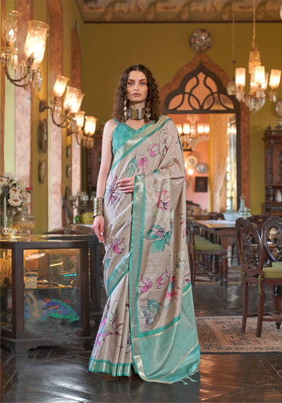 Indyancart GR Women's Deep Sea Green & Grey Banarasi Digital Soft Silk Saree