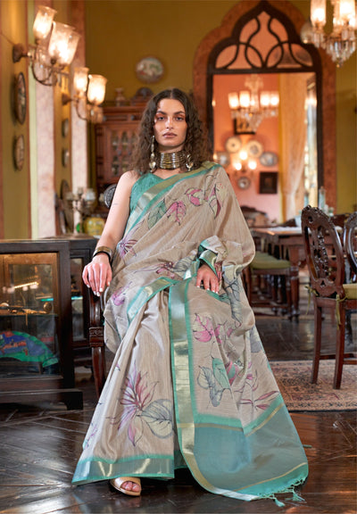 Indyancart GR Women's Deep Sea Green & Grey Banarasi Digital Soft Silk Saree